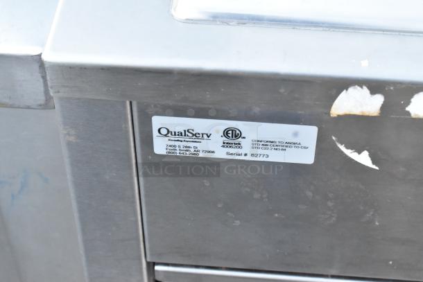 QualServ stainless steel portable sink on commercial casters, model 4006200, 120V, 1 phase, serial #62773, visible wear.