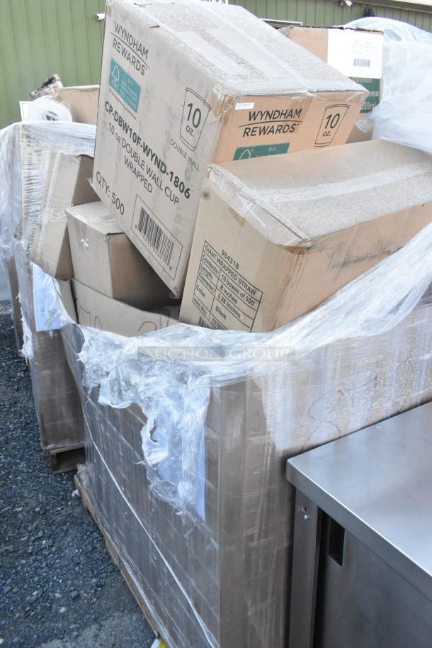 Pallet of brand-new scratch and dent items, includes Wyndham Rewards 10 oz foam cups, straws, and bus tubs, wrapped in plastic.