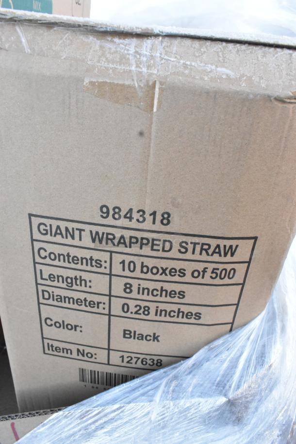 Cardboard box labeled "Giant Wrapped Straw," containing 10 boxes of 500 straws, 8 inches long, 0.28 diameter, black color. Item No: 127638.