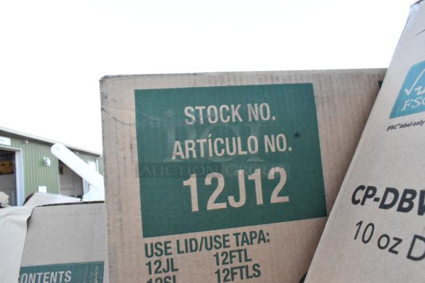 Cardboard box labeled "Stock No. 12J12," containing scratch and dent foam cups, straws, and bus tubs. Brand new condition.