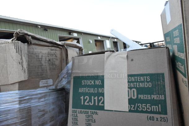 Box of scratch and dent foam cups, straws, bus tubs; visible label reads "1000 pieces, 12 oz, 355 ml."