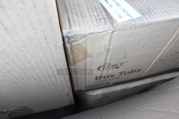 Box of "Choice" bus tubs with lids showing minor scratches and dents, sticker reads "Batch No: 202509", part of 30 new items.