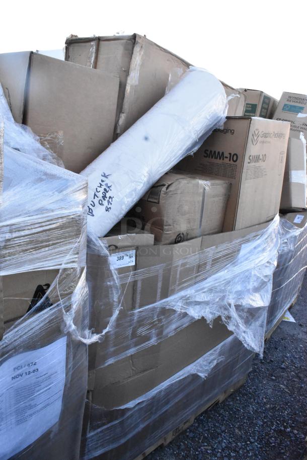 Pallet with assorted new scratch-and-dent items, including boxed foam cups, deli lids, dunnage rack, and popcorn bags.
