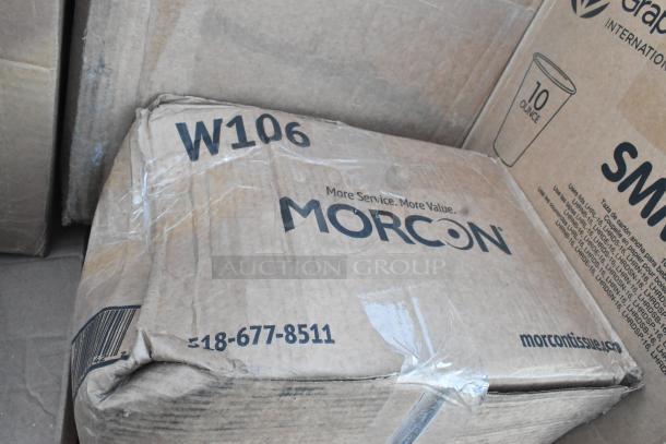 Cardboard box labeled "Morcon" with contact info, slightly damaged, part of a scratch and dent auction lot with foam cups, deli lids, and more.