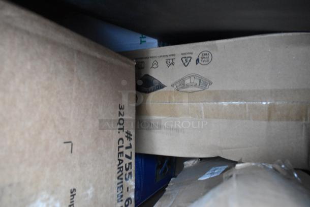 15 new scratch and dent items including paper towels, containers, and shelf. Boxes show #1755 32QT CLEARVIEW label and recycling icons.