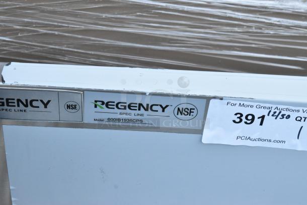Brand new Regency 600IB1936CPS ice bin, 19"x36", 10-circuit cold plate, bottle holders, NSF label visible, no legs.