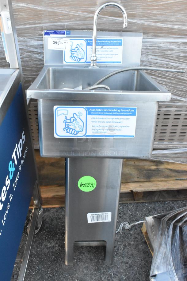 Universal stainless steel single bay foot pedal sink, includes handwashing procedure label, excellent condition.