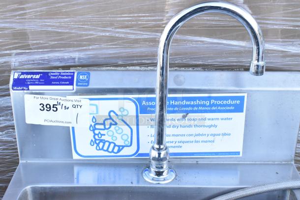 Universal stainless steel single bay foot pedal sink, NSF certified. Includes handwashing procedure label.