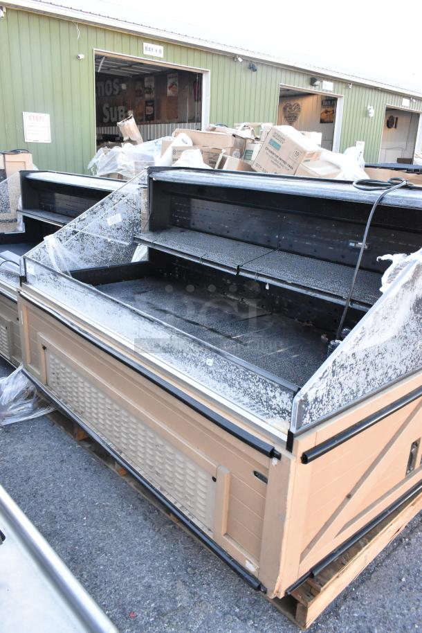 Killion metal open merchandiser, model PFW-74-43-48-V-N-MOBILE, 208/230V, 1 phase, used condition with visible shelves.