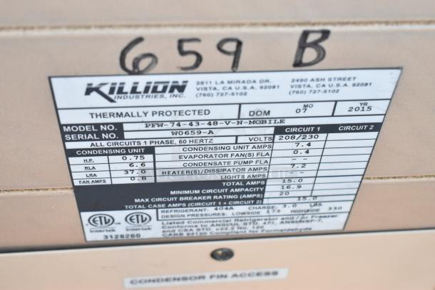 Killion PFW-74-43-48-V-N-MOBILE metal commercial merchandiser label. Model details, voltage, and specs shown.