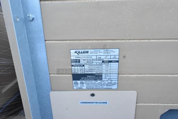 Killion PFW-74-43-48-V-N-MOBILE metal merchandiser label, showing model number, voltage (208/230), and certification info.