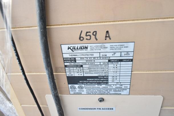 Killion PFW-74-43-48-V-N-MOBILE metal merchandiser label, 208/230V, 1-phase, model info, and specifications visible on plate.