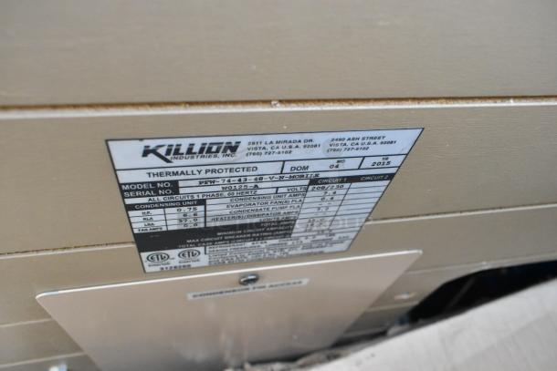 Killion PFW-74-43-48-V-N-MOBILE metal commercial merchandiser label; 208/230V, 1 phase, model and serial details visible.
