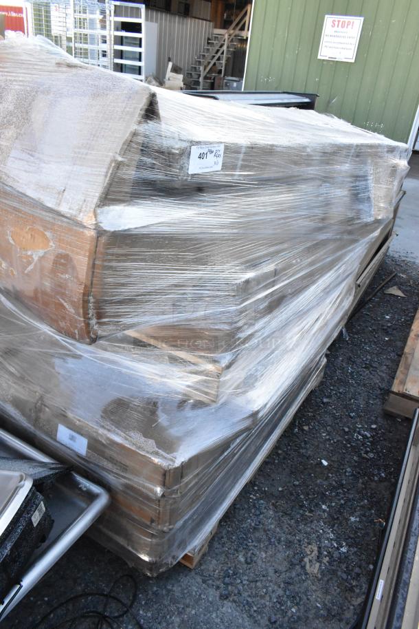 Pallet of 6 brand new scratch and dent items wrapped in plastic, including overshelf and wire shelf, for auction.