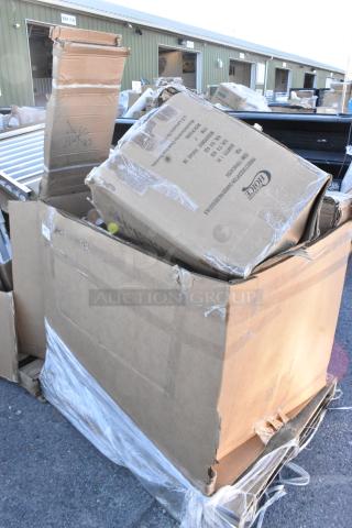 Box containing 9 scratch and dent items including equipment filler table and tabletop, brand new, on wooden pallet.