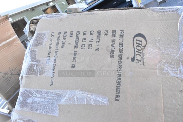 Cardboard box labeled "Choice" containing a carrier pan, 64x43x65 cm, 1 PC, 17.8 kgs. Brand new, scratch and dent condition.