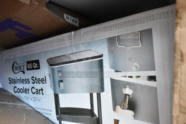 Box of stainless steel cooler cart, 65 Qt., with images showing features. Contains label "Choice" and model size details.