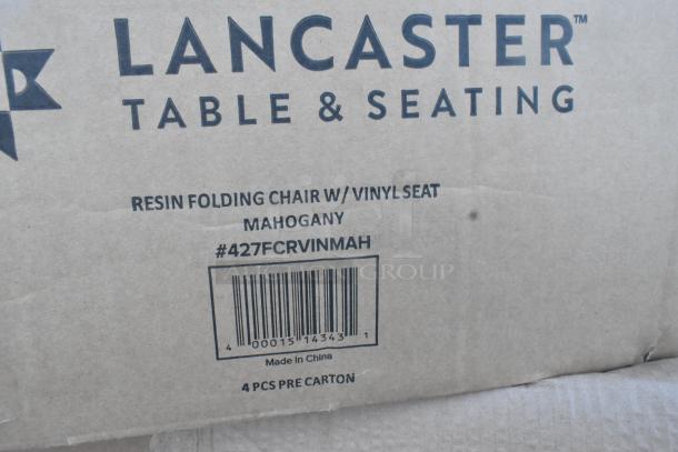 Box labeled "Lancaster Table & Seating" containing resin folding chairs with vinyl seat, mahogany, model #427FCRVINMAH.