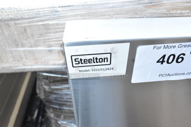 Alt text: "Steelton 522US12424 utility sink, 24x24x14, for 8" center faucet, brand new, scratch and dent, no legs, label visible."
