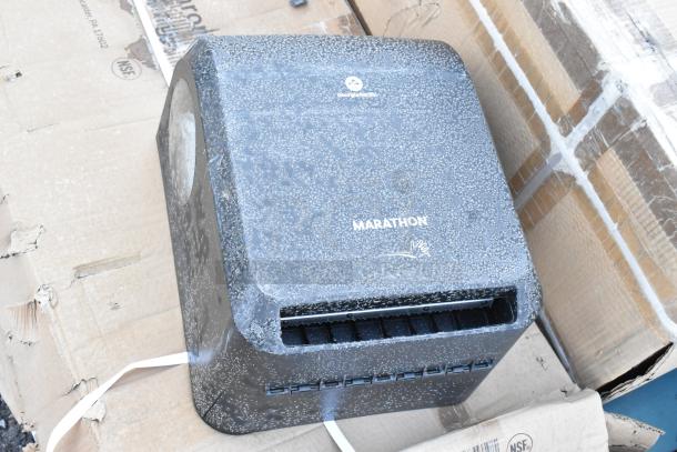 Marathon paper towel dispenser, brand new, slight scratches. Includes Georgia-Pacific logo. Auction items include 460ECSC1836 Regency NSF Chrome Wire Security Cage.