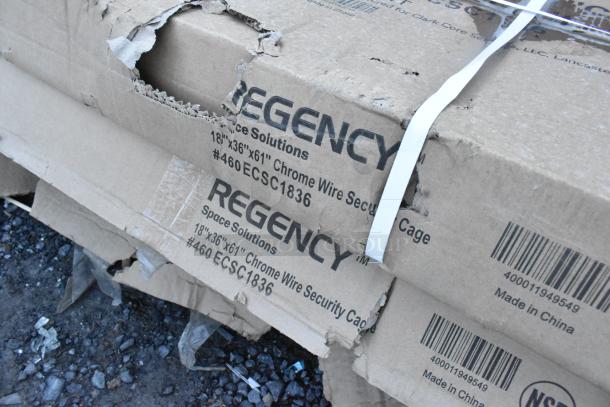 Cardboard box labeled Regency NSF Chrome Wire Security Cage, model 460ECSC1836. Box shows visible damage.