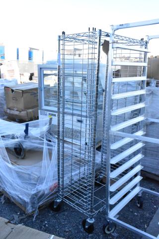Chrome finish pan transport rack on commercial casters, features a sturdy wire frame, ideal for professional kitchens.