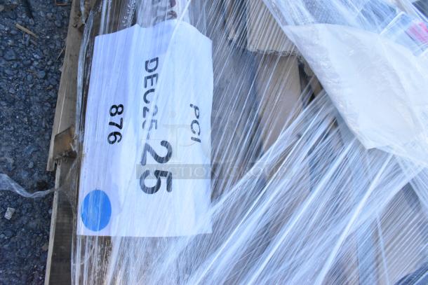 Brand new, scratch and dent items wrapped in plastic, tagged "DEC25-25, PCI 876," including portable stage, traffic door.