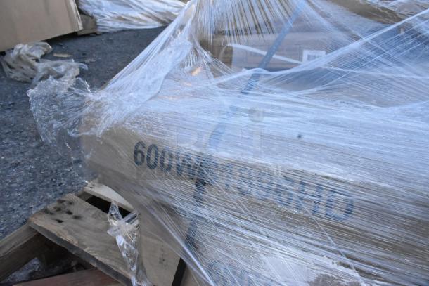 Five brand new scratch and dent items wrapped in plastic on pallet; includes wall shelves, trash liner. 600W96HD marking visible.