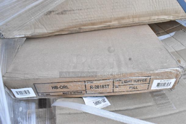 Cardboard boxes labeled "HB-ORL, R-28183T, Light Toffee, Full." Items include wall shelves and trash liner, new condition.