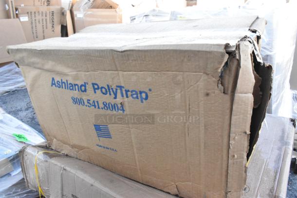 Damaged box with Ashland PolyTrap grease trap, labeled "Made in the USA" and contact number. Part of 5 scratch and dent items.