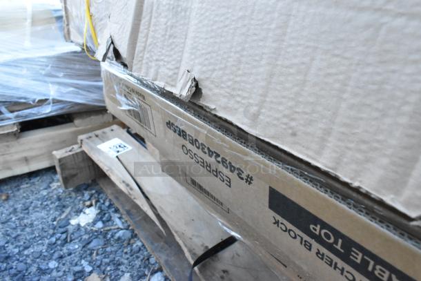 Damaged cardboard box containing Ashland grease trap and tabletops. Some tears visible. Item is new but scratch and dent. Marking: "#39423430833E8".