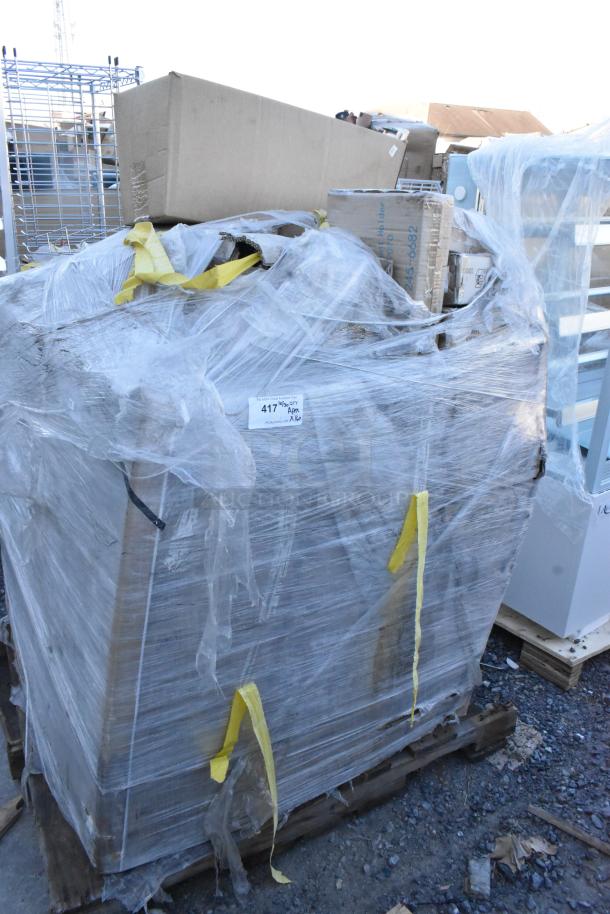 Pallet of 160 new scratch and dent items, including DH8 Quantum Storage Systems® Chrome Document Holder, wrapped in plastic with visible labels.