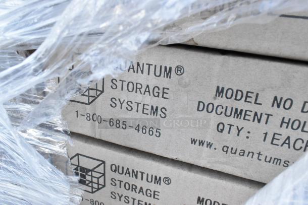 Boxes of DH8 Quantum Storage Systems Chrome Document Holders, model details visible, wrapped in plastic, 160 units available.