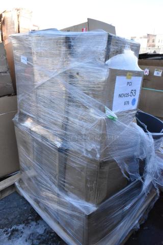 Wrapped pallet with 10 new Vigor 2/3 size 2.5" deep anti-jam stainless steel hotel pans, 22 gauge, labeled "PCI NOV25-53 876."