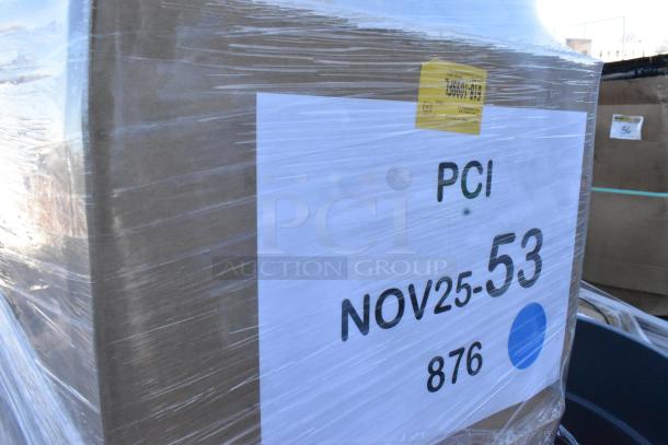 Pallet wrapped with plastic, containing 10 new scratch and dent Vigor 2/3 size anti-jam stainless steel pans, labeled PCI NOV25-53.