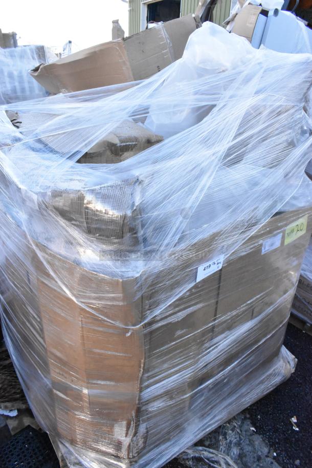 Pallet of new scratch and dent items, wrapped in plastic. Includes Lancaster folding table set with chairs and cushions.