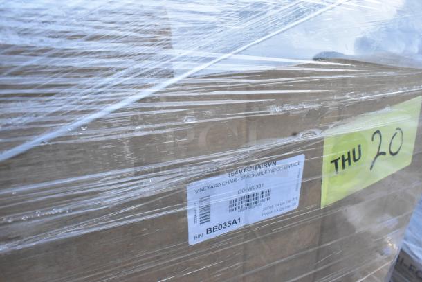 Stacked boxes wrapped in plastic film, labeled "Vineyard Chair - Stackable Wood Vintage," item code DG-W0331.