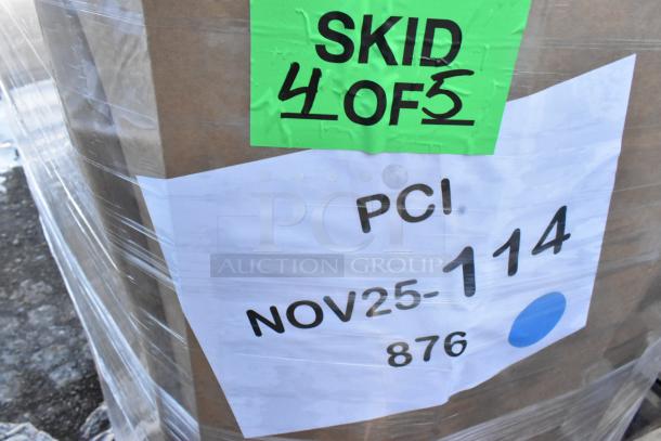 Skid label marked "4 of 5" with PCI code "NOV25-114 876" wrapped in plastic.