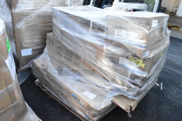 Pallet with 30 scratch and dent items wrapped in plastic, including wine rack, folding tables, sink. Various labels visible.