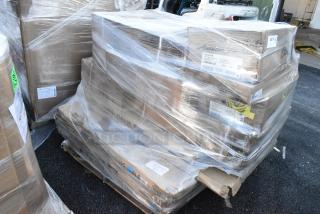 Pallet with 30 scratch and dent items wrapped in plastic, including wine rack, folding tables, sink. Various labels visible.