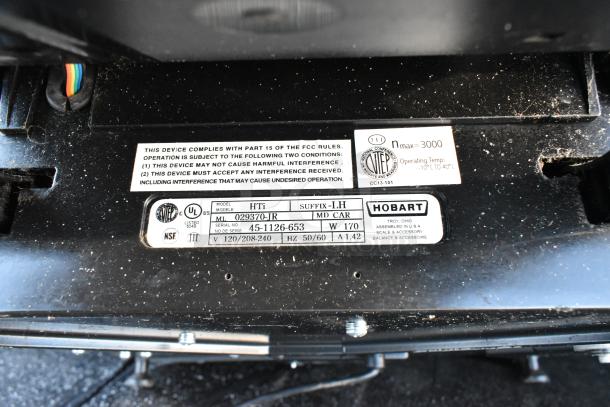 Hobart HTi-LH Countertop Scale label with model 029370-JR, 120/208-240V, serial 45-1126-653, UL listed, NSF certified.