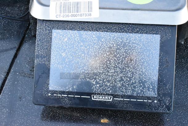 Hobart HTi-LH countertop scale, visible display screen with some residue, model CT-236-000107338, 120/208-240V, 1 Phase.