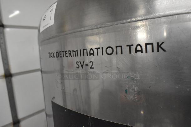 Stainless steel 8.75 BBL/367-gallon beer tax determination tank, labeled "SV-2," in good condition.