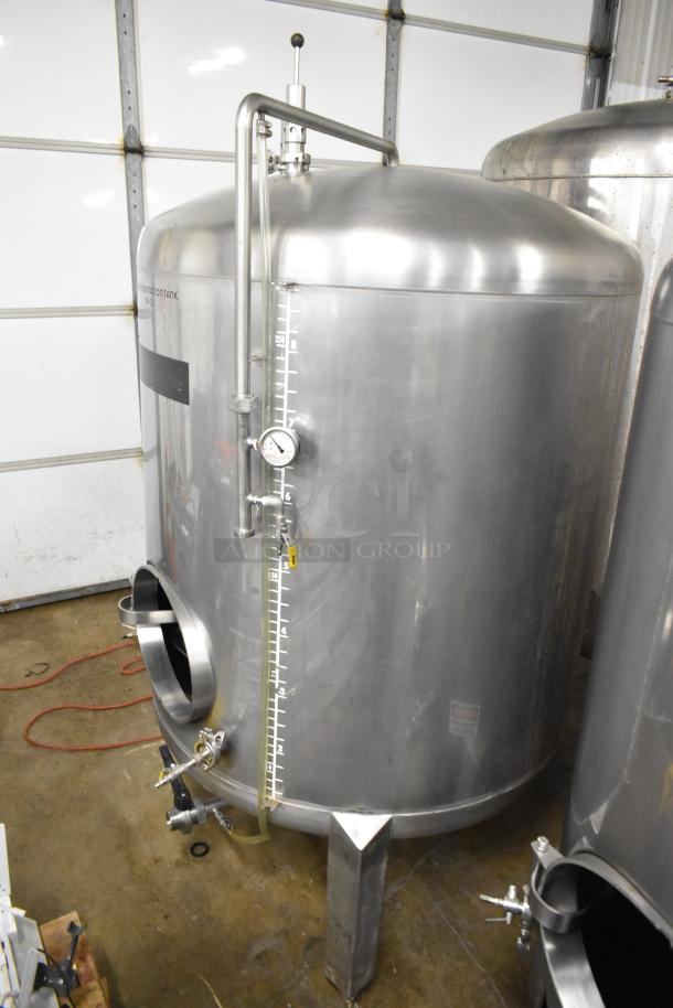 Stainless steel 8.75 BBL/367 Gallon beer tax determination tank. Features gauge, valves. Excellent condition.