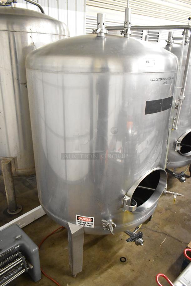 Stainless steel 8.75 BBL/367 gallon beer tax determination tank, floor style, with visible labels indicating safety warnings.
