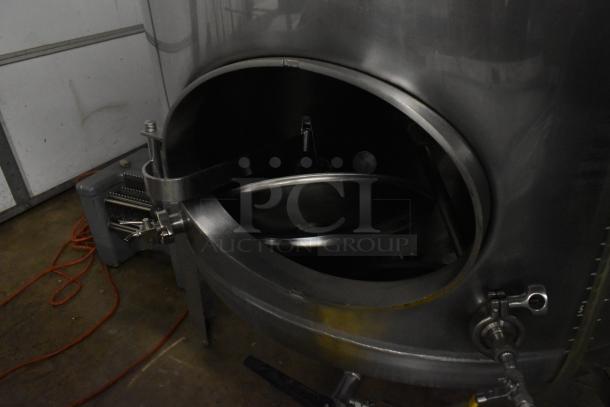 Stainless steel commercial 367-gallon beer tax determination tank, floor style, open inspection hatch, hardware view.