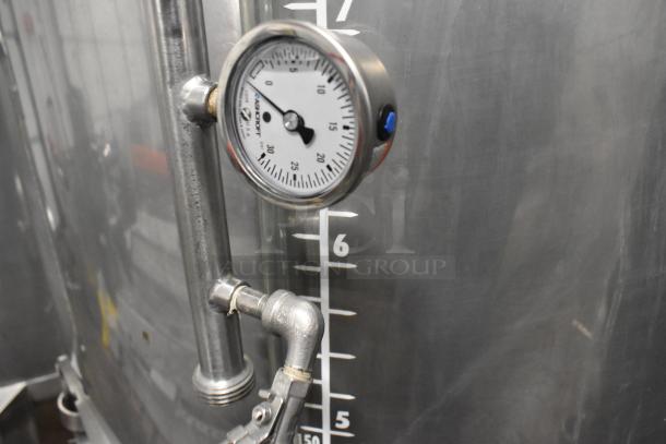 Stainless steel 8.75 BBL beer tax determination tank with pressure gauge, clear indicators; commercial use, excellent condition.