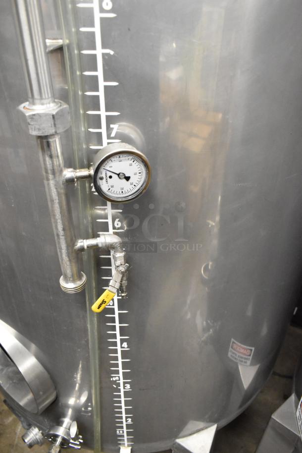 Stainless steel commercial 8.75 BBL / 367-gallon beer tank with gauge and valve, labeled for tax determination.