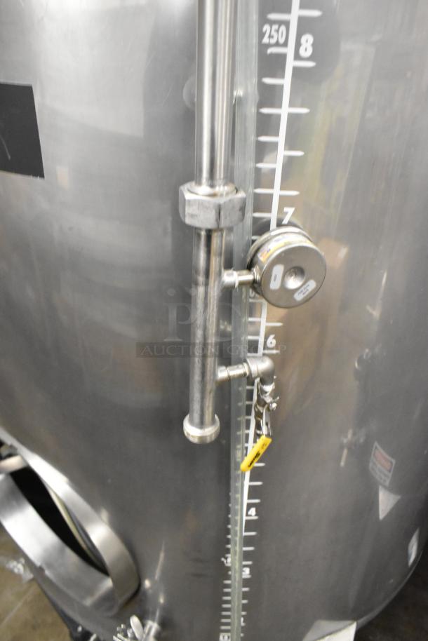 Stainless steel 8.75 BBL/367 gallon beer tank, with gauge markings. Used for tax determination, in commercial settings.