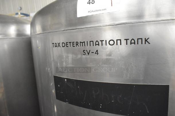 Stainless steel tax determination tank, 8.75 BBL/367 gallon capacity, labeled SV-4, for commercial brewing use.